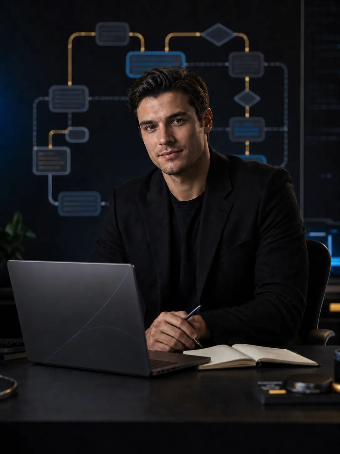 Theo Stack, the Build & Automate systems builder, at a polished engineering workspace.