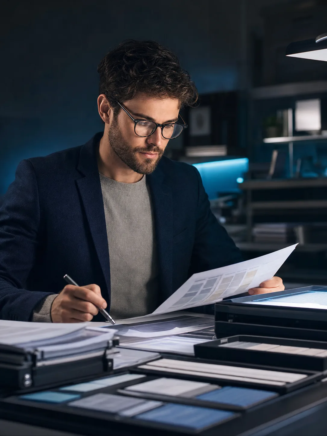 Nolan Reed, the Gather & Extract research operations analyst, organizing source material.