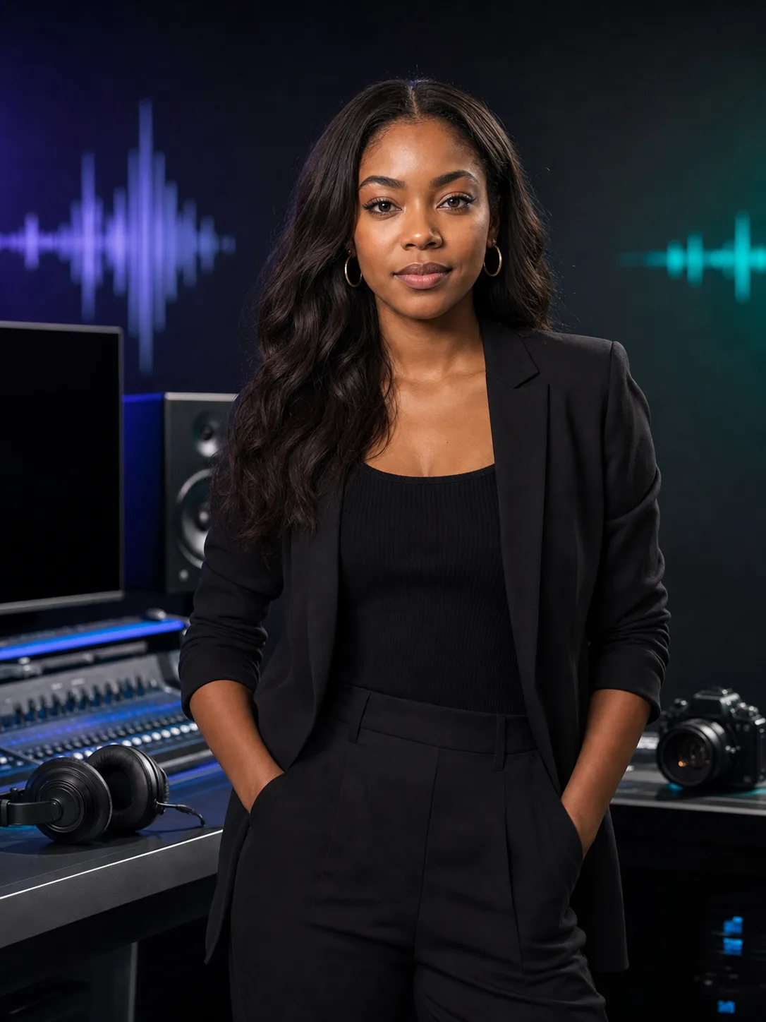 Imani Cross, the Media & Convert production lead, in a dark media workspace.